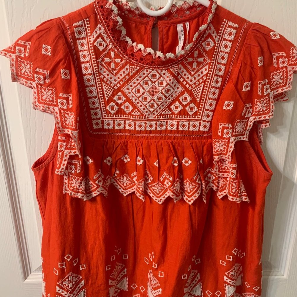 Red and White embroidered top